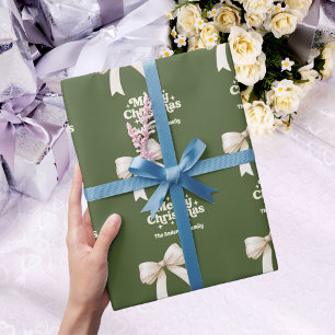 Olive green cream bow retro Christmas Wrapping Paper