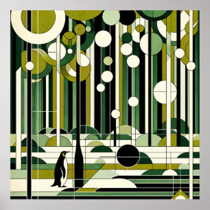 Olive Green Cream Geometric Penguin Forest Retro Poster
