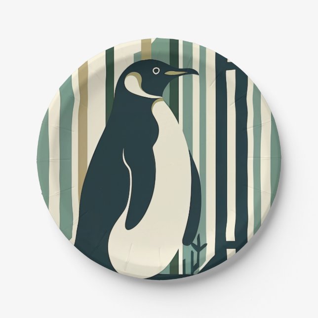 Olive Green Cream Penguin Illustration Forest Paper Plate (Front)