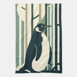 Olive Green Cream Penguin In Retro Vintage 60s 70s Tea Towel