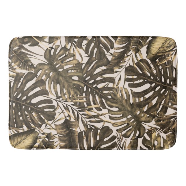 Olive Green & Cream Tropical Palm Leaves Island  Bath Mat (Front)