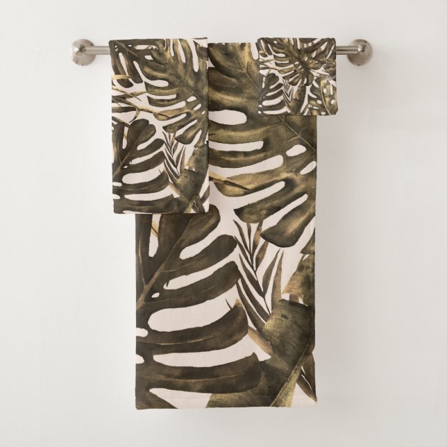 Olive Green & Cream Tropical Palm Leaves Island  Bath Towel Set (Insitu)