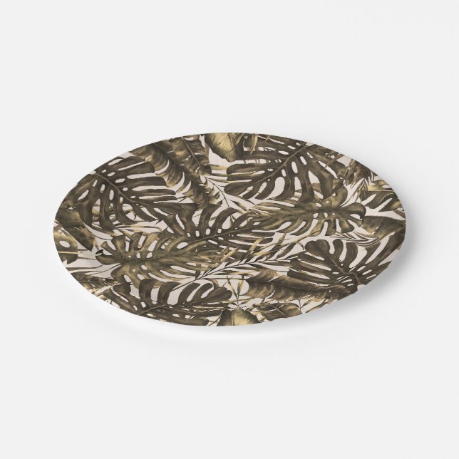 Olive Green & Cream Tropical Palm Leaves Wedding Paper Plate (Angled)