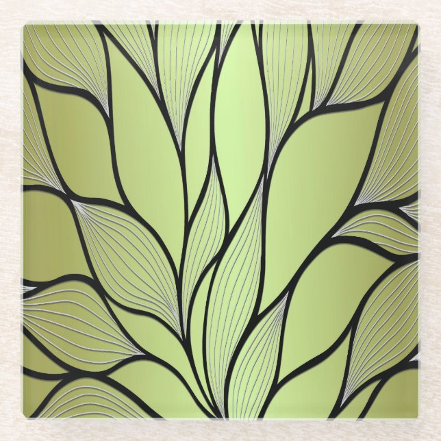 Olive Green Creative Leave Pattern  Glass Coaster (Front)