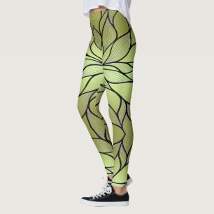 Olive Green Creative Leave Pattern  Leggings