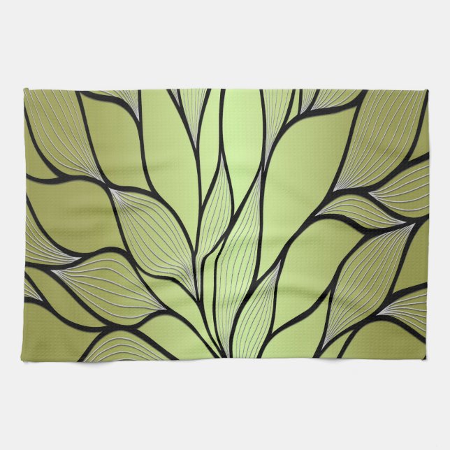 Olive Green Creative Leave Pattern  Tea Towel (Horizontal)