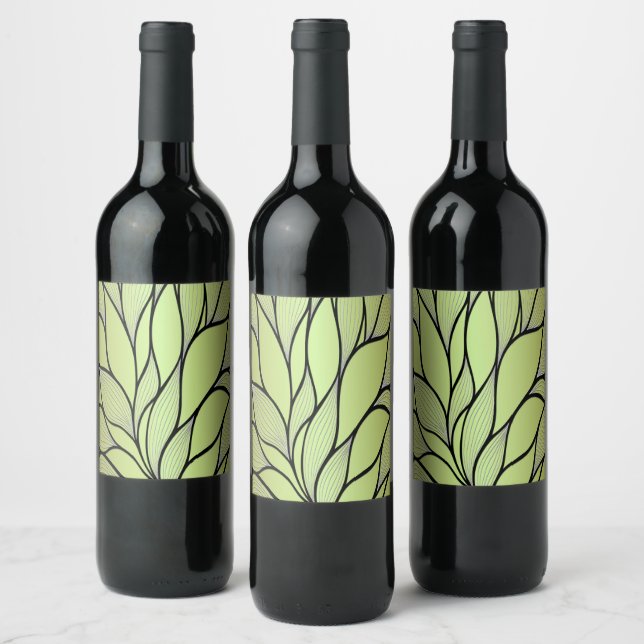 Olive Green Creative Leave Pattern  Wine Label (Bottles)