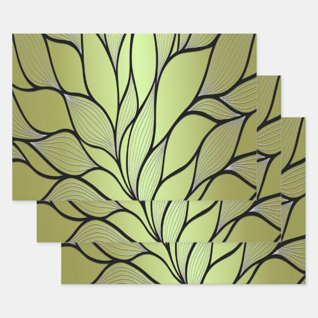 Olive Green Creative Leave Pattern  Wrapping Paper Sheet (Set)