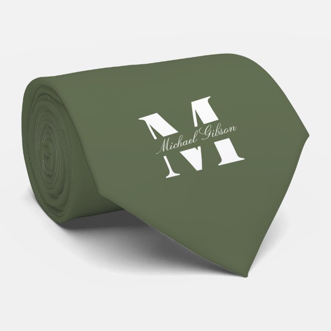 Olive Green | Custom Monogram Wedding Groomsmen  Tie (Rolled)