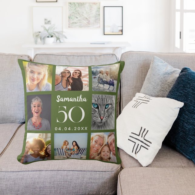 Olive green custom photo collage birthday cushion (Creator Uploaded)