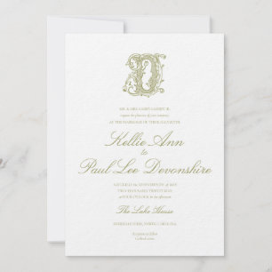 Olive Green "D" Monogram Wedding Invitation