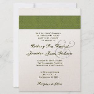 Olive Green Damask and Champagne Metallic Invitation