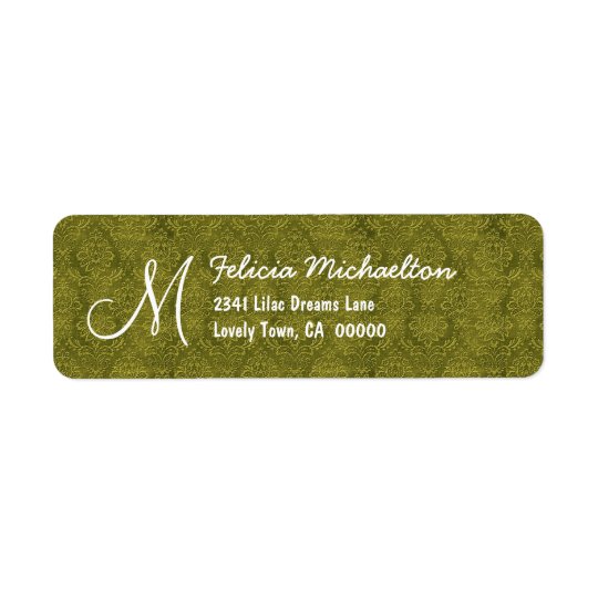 Olive Green Damask Monogram M or Any Initial M006 Return Address Label
