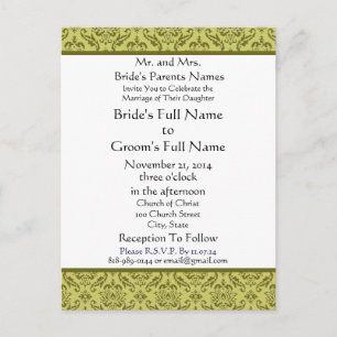 Olive Green Damask on White Wedding Invitation