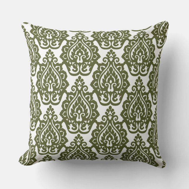 Olive Green Damask Reversible Pillow (Front)