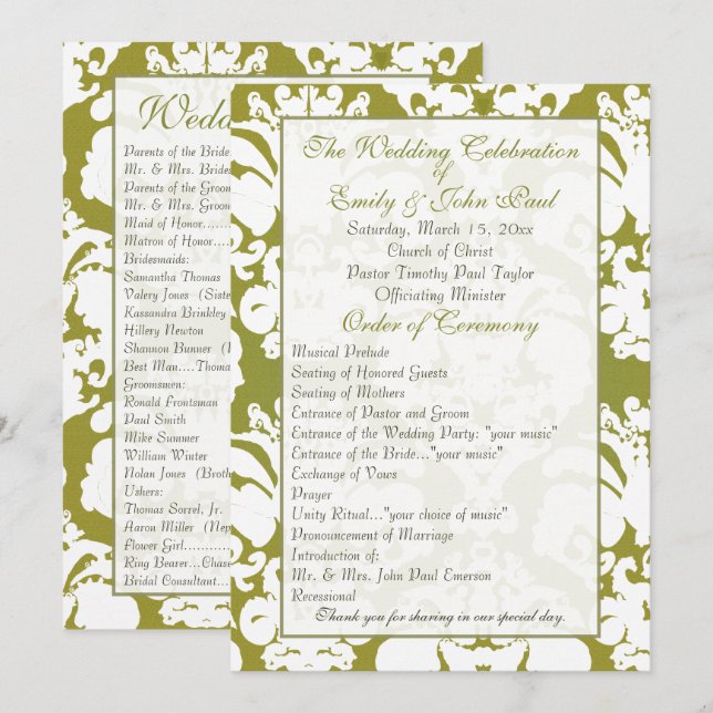 Olive Green Damask Wedding Program Programme (Front/Back)
