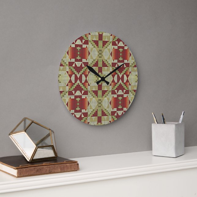 Olive Green Dark Red Orange Ochre Brown Tribal Art Large Clock (Office)