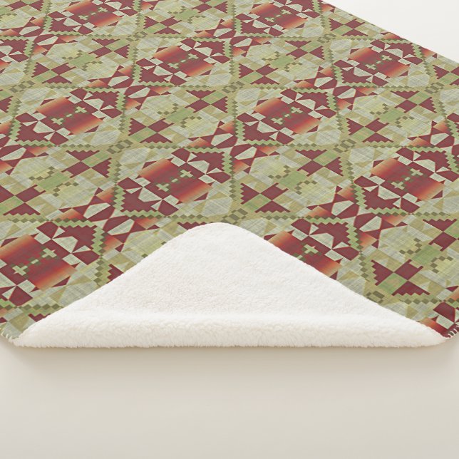 Olive Green Dark Red Orange Ochre Brown Tribal Art Sherpa Blanket (3/4)