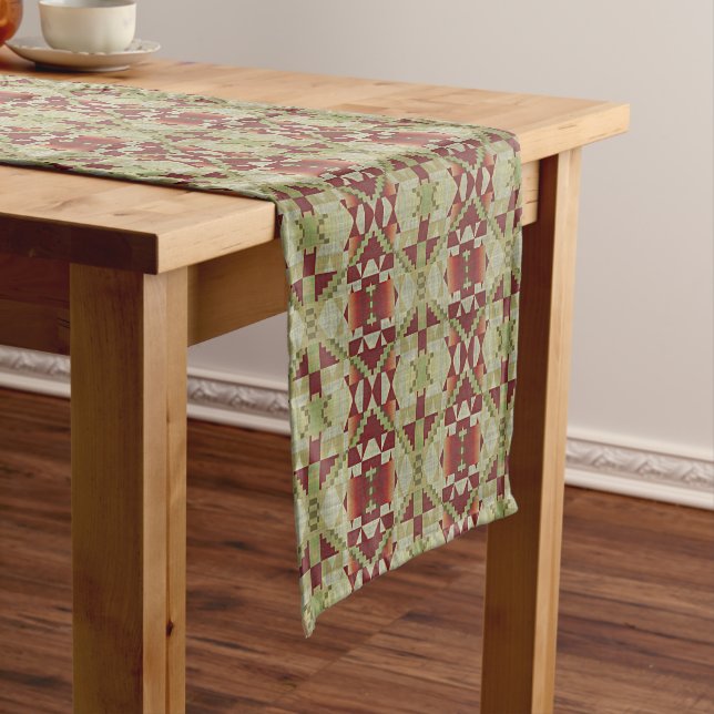 Olive Green Dark Red Orange Ochre Brown Tribal Art Short Table Runner (In Situ)