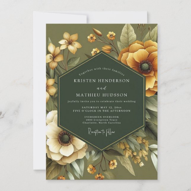 Olive Green Earthy Floral Wedding Invitation (Front)