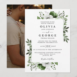 Olive Green Elegant Botanical Floral Photo Wedding Invitation