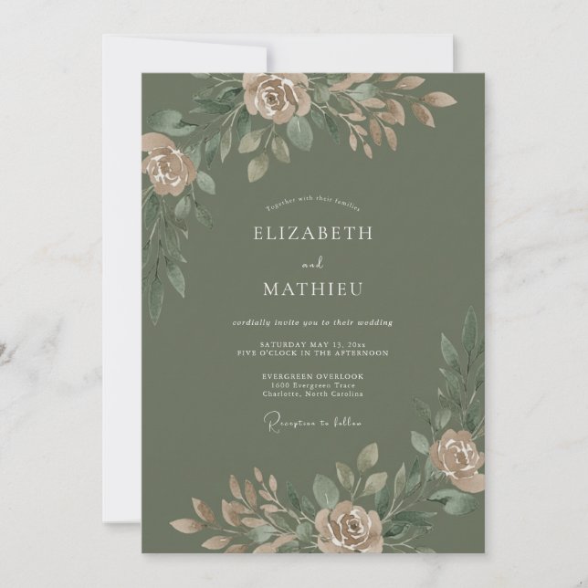 Olive Green Elegant Botanical Wedding Invitation (Front)