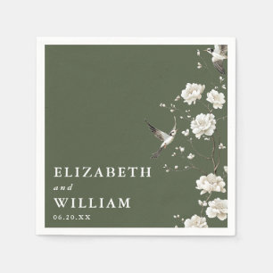 Olive Green Elegant Chinoiserie Floral Wedding Napkin