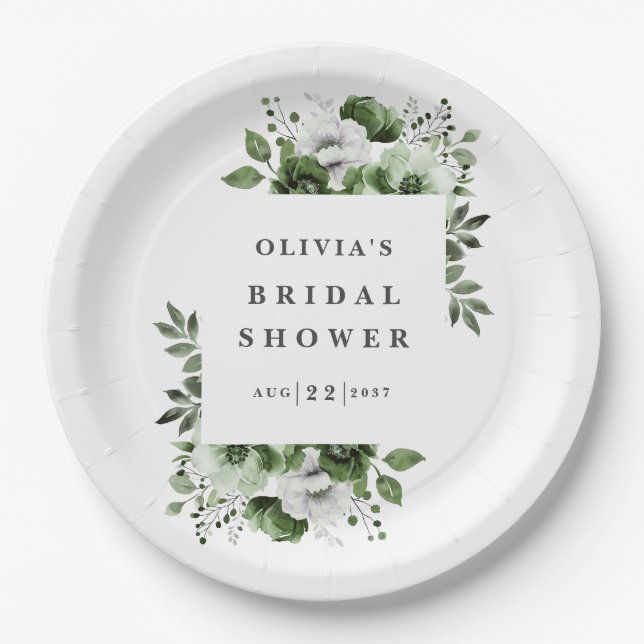 Olive Green Elegant Country Floral Bridal Shower Paper Plate (Front)