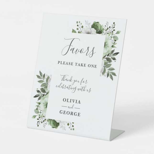 Olive Green Elegant Country Floral Wedding Favours Pedestal Sign (Front)