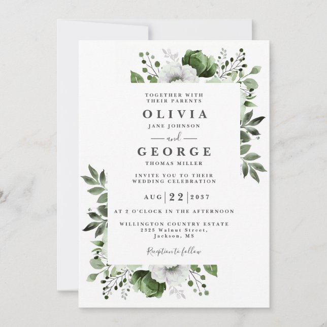 Olive Green Elegant Floral All In One Wedding Invitation (Front)