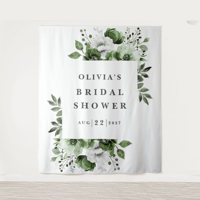 Olive Green Elegant Floral Bridal Shower Backdrop Tapestry (Front)