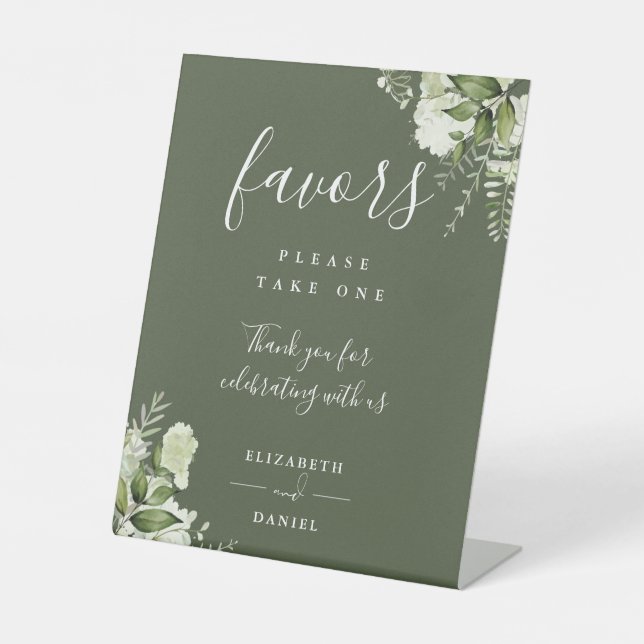 Olive Green Elegant Floral Greenery Favors  Pedestal Sign (Front)