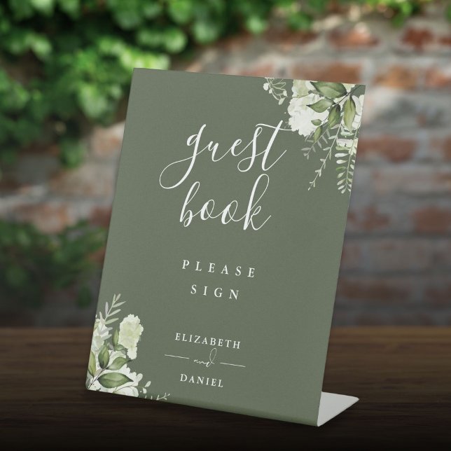 Olive Green Elegant Floral Greenery Guest Book Pedestal Sign (Olive Green Elegant Floral Greenery Guest Book Pedestal Sign)