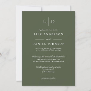 Olive Green Elegant Minimalist Monogram Wedding Invitation