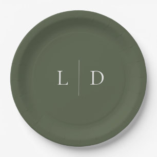 Olive Green Elegant Minimalist Monogram Wedding Paper Plate