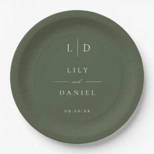 Olive Green Elegant Minimalist Monogram Wedding Paper Plate