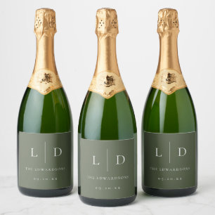 Olive Green Elegant Minimalist Monogram Wedding Sparkling Wine Label