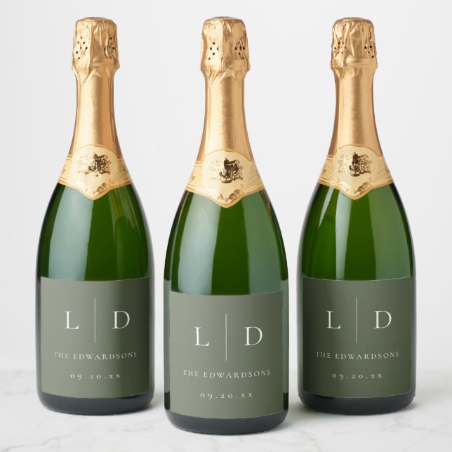 Olive Green Elegant Minimalist Monogram Wedding Sparkling Wine Label (Bottles)