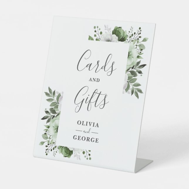 Olive Green Elegant Modern Floral Cards And Gifts Pedestal Sign (Front)