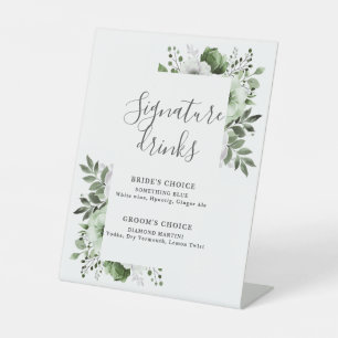 Olive Green Elegant Modern Floral Signature Drinks Pedestal Sign