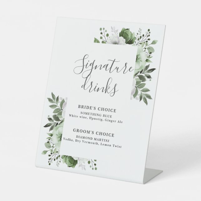 Olive Green Elegant Modern Floral Signature Drinks Pedestal Sign (Front)