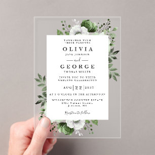Olive Green Elegant Modern Floral Wedding Acrylic Invitations