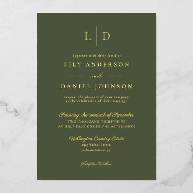 Olive Green Elegant Modern Monogram Wedding Gold (Front)