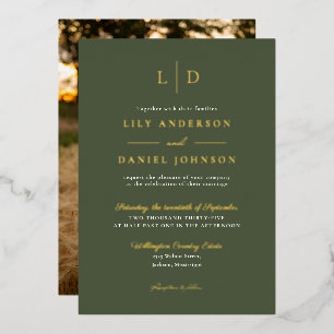 Olive Green Elegant Monogram Wedding Photo Gold