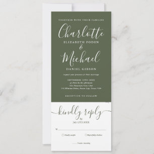 Olive Green Elegant Script All In One Wedding Invitation