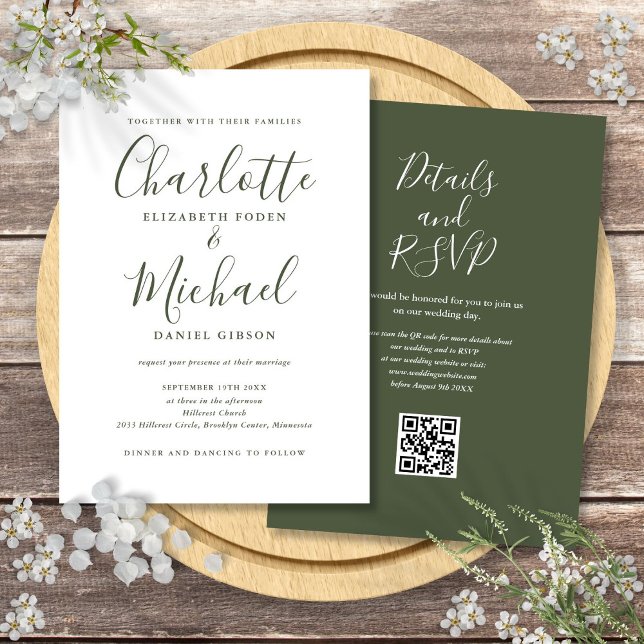 Olive Green Elegant Script QR Code Wedding Invitation (Olive Green Elegant Script QR Code Wedding Invitation)