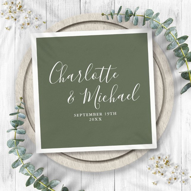 Olive Green Elegant Signature Script Wedding Napkin (Olive Green Elegant Signature Script Wedding Napkins)