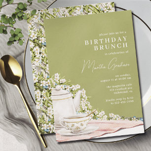 Olive Green   Elegant Vintage Tea Birthday Brunch Invitation