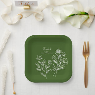 Olive green elegant wedding paper plates 