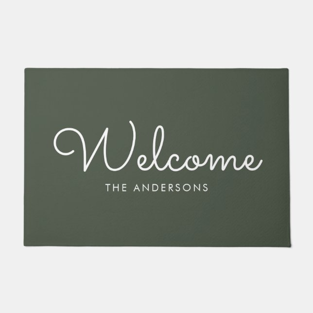 Olive Green Fancy Script "Welcome" Personalised Doormat (Front)